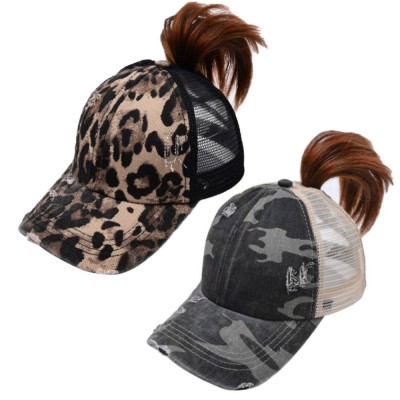 Dda1964 Women Leopard Mesh Cotton Trucker Hat Distressed Washed Denim Sports Baseball Caps Messy Bun Criss Cross Ponytail Hats