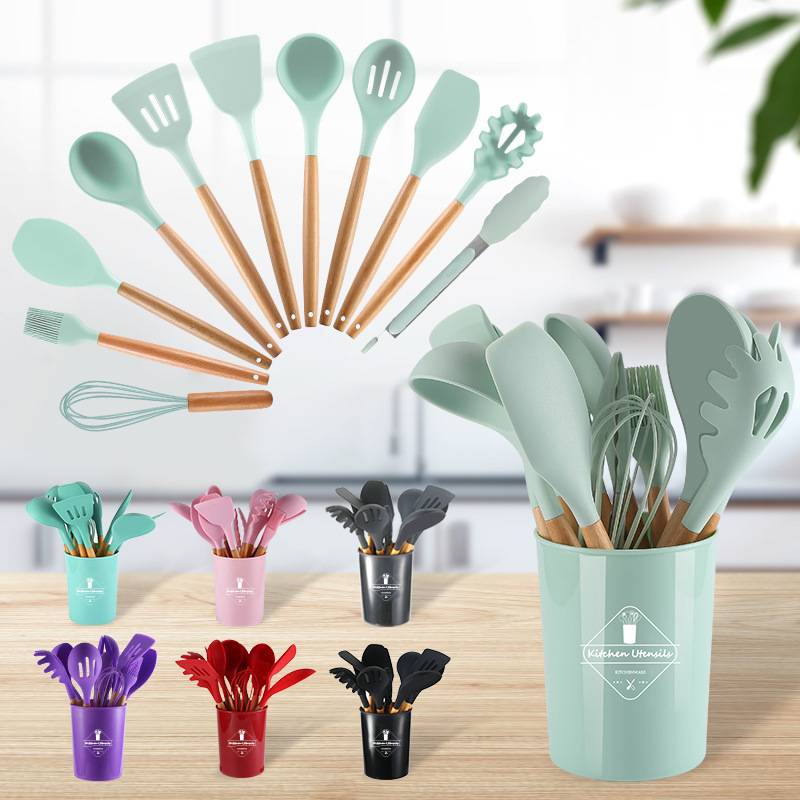 H926 12pcs Silicone Kitchen Practical Cooking Tools Spatula Shovel Spoon With Wooden Handle Kitchenware Cooking Utensils Set